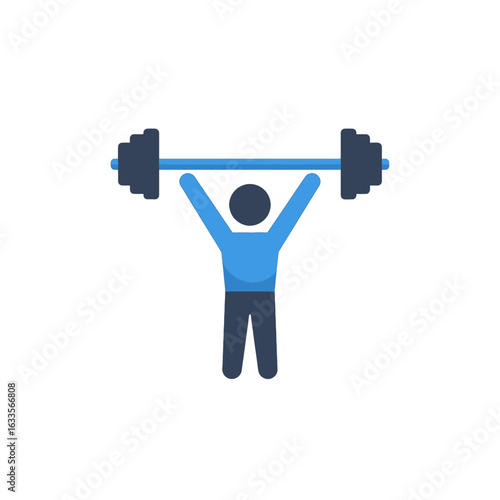 A flat design icon of a weightlifter successfully holding a heavy barbell overhead, symbolizing strength and fitness.
