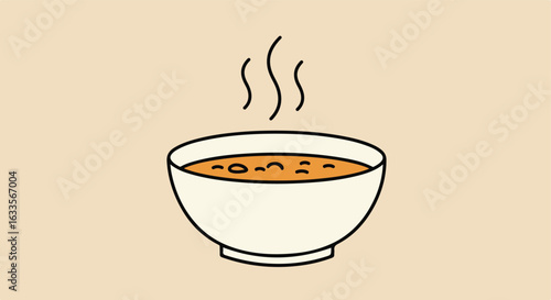 Drawn bowl of steaming orange soup with small bits on a neutral background