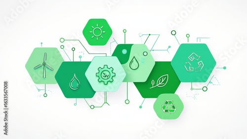 Green Energy and Sustainability Icons - Hexagonal Pattern