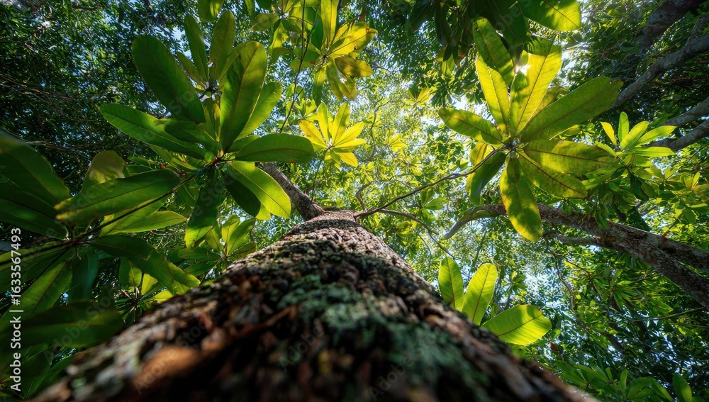 Fototapeta premium Lush green foliage canopy overhead, sunlight filtering through leaves, low angle view of a tree trunk