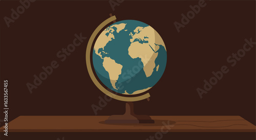 Globe rests on a brown wooden table against a darker brown background