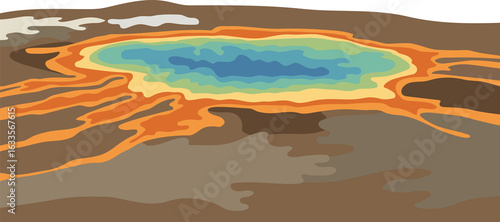 Colorful hot spring illustration. Geothermal pool with vibrant bacterial mats. Nature reserve landscape. Travel guide header.
