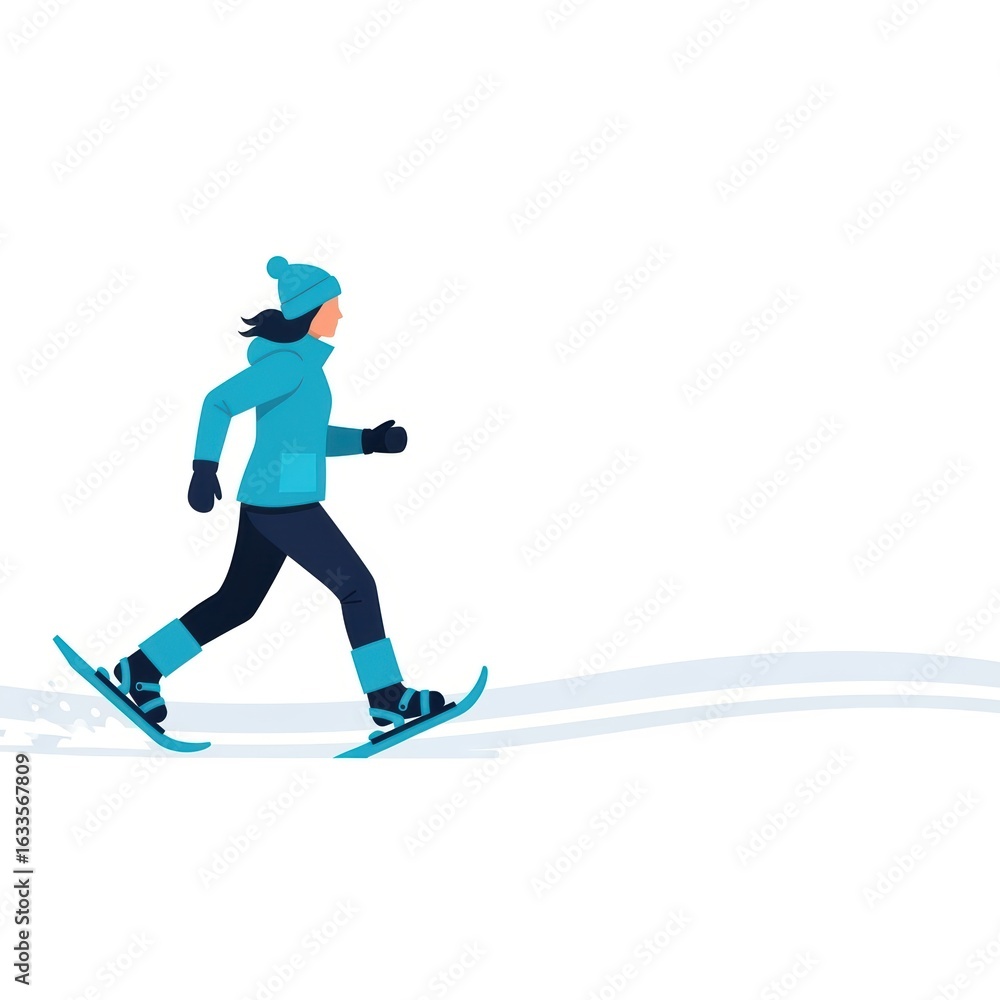 Obraz premium Woman snowshoeing in winter attire on white background