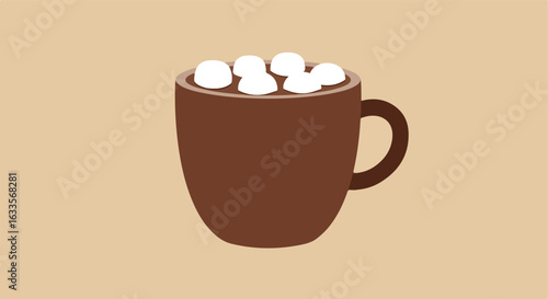 Mug of hot chocolate with marshmallows on a tan background
