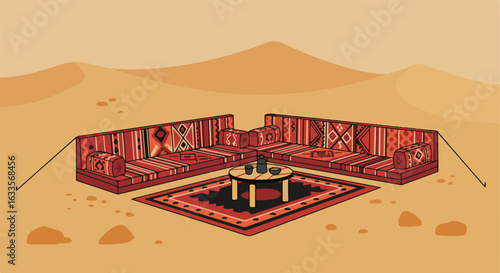 Desert scene featuring a patterned seating area
