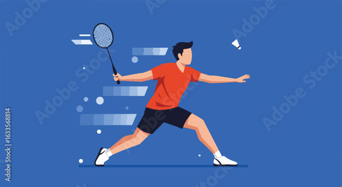 Badminton player hitting shuttlecock, posed in action, minimalist style