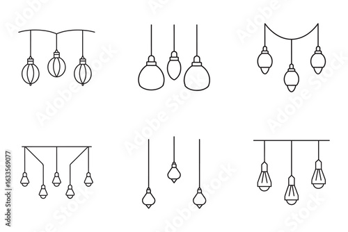 Set of simple outline drawings of different light fixtures and modern pendant lights for interior design and architectural representation