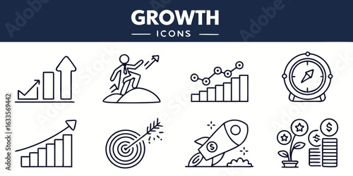 Vector art of growth icons isolated on white background depicting business success, progress, and financial development