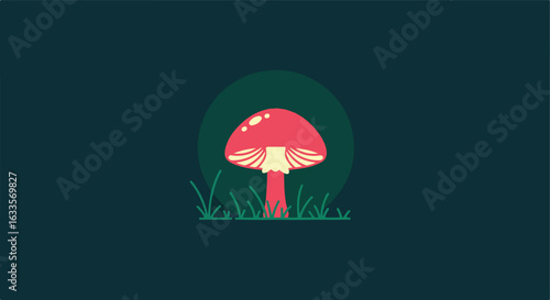 Cute cartoon mushroom stands in green grass against a dark green background