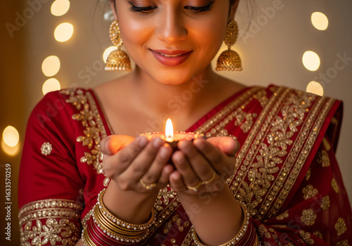 Diwali celebration: Beautiful Woman in Traditional Jewelry Offering Prayers with an Oil Lamp Diwali celebration 
