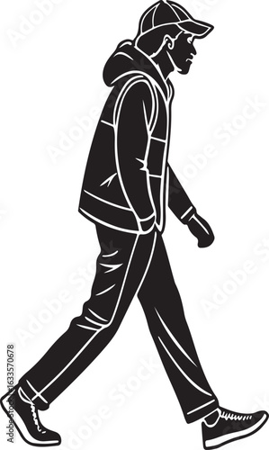 Man in Hoodie and Cap Walking Silhouette person stride