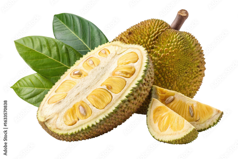 Fototapeta premium Whole and sliced ripe jackfruit with green leaves isolated on transparent background