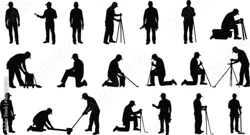  Extensive collection of male worker silhouettes in various poses, including standing, kneeling, and using tools, depicting labor, construction, and outdoor work activities, isolated on white