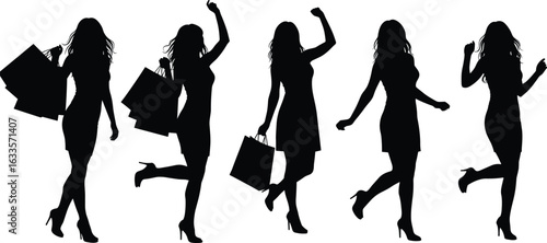  Energetic young women celebrating shopping spree, diverse group of female friends enjoying retail therapy, stylish girls with shopping bags
