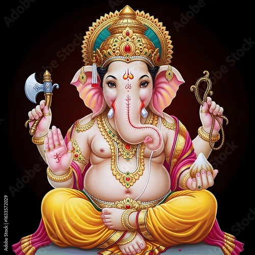 A digital illustration of lord ganesha in a seated position with a dark background and ornate details