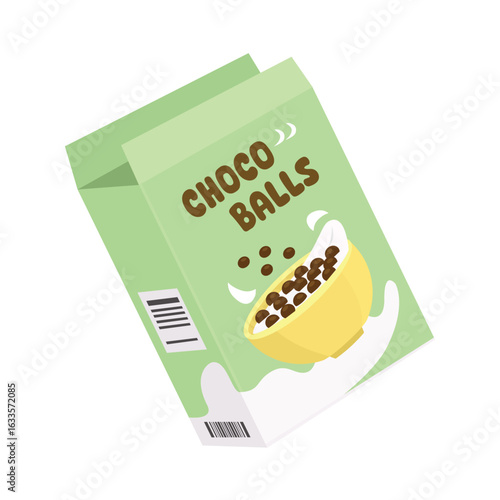 Coco balls cereal box. Chocolate cereal product. Open cereal box. Crispy cereal. Product mockup.