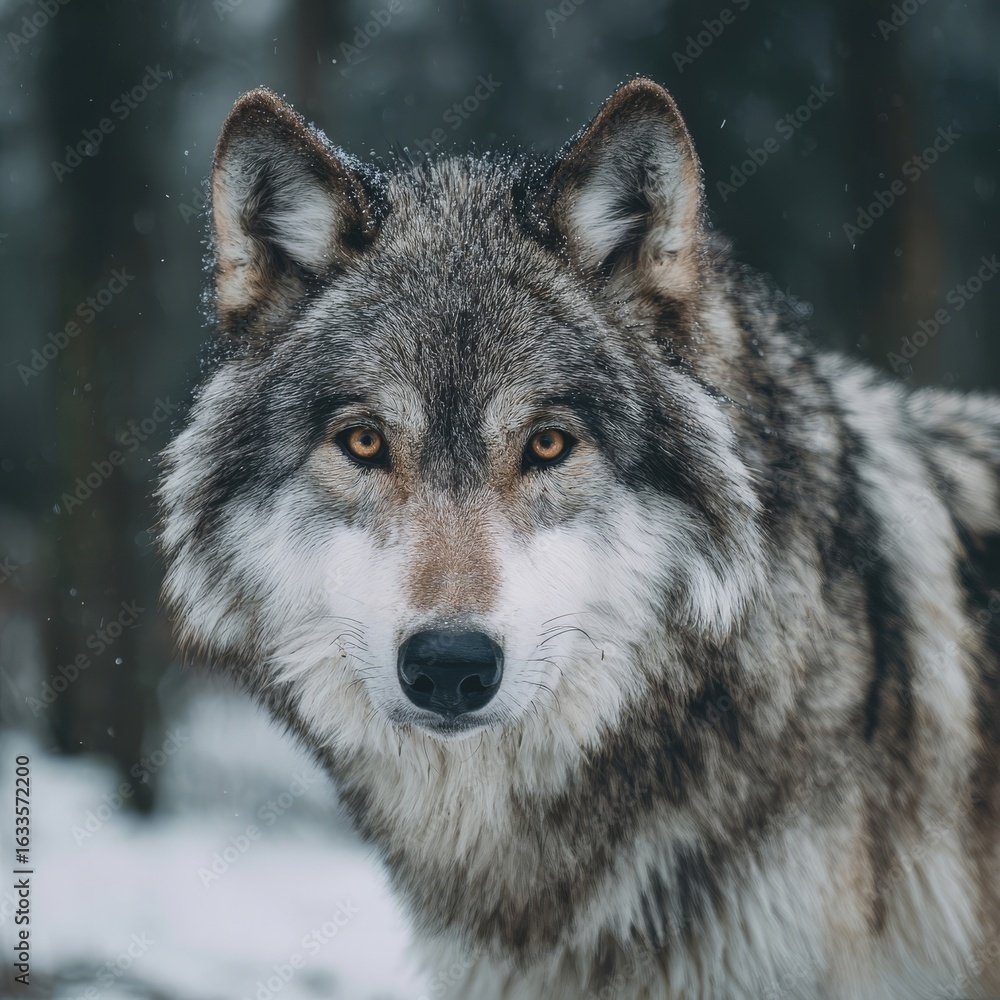 Fototapeta premium A stunning close-up portrait of a majestic wolf in its natural habitat, showcasing its intense gaze. The wolf's thick fur and piercing eyes convey strength and wild beauty