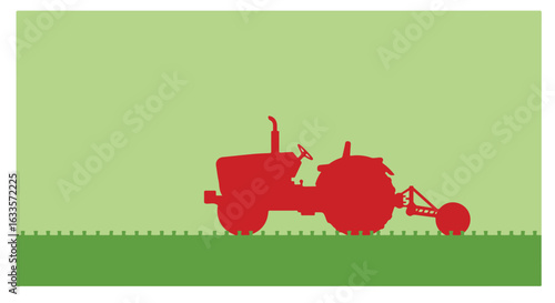 Red tractor silhouette sits on a field with light green background