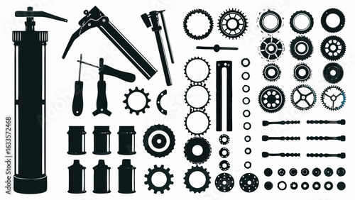 Illustration of various mechanical tools including gears wrenches and other workshop equipment items shown silhouette