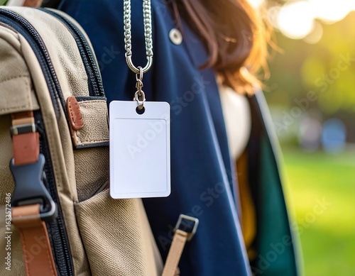 Blank ID Badge on Backpack, Outdoors
