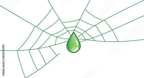 Green spiderweb suspends a single green droplet, outlined and glossy