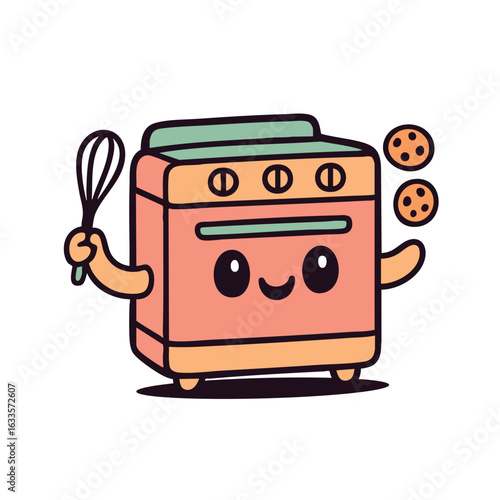 Cute cartoon oven with whisk and cookies smiling pastel kitchen appliance character for kids baking, cooking, or food illustrations