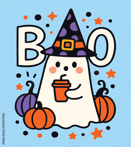Cute ghost in witch hat drinking coffee fun Halloween illustration with pumpkins, spooky text “BOO” and stars