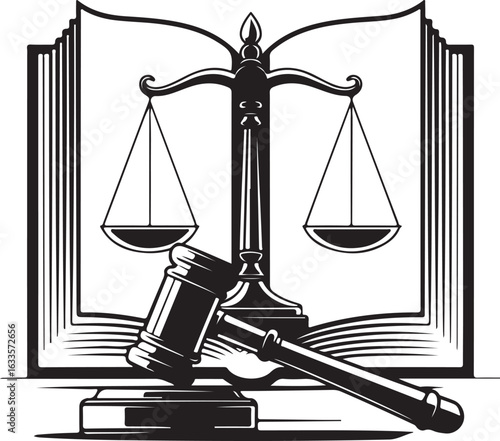 Scales of Justice and Gavel over an Open Book Depicting Law Education and Legal Concepts and Services in Black and White