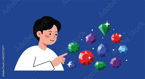 Young man pointing at a collection of colorful gemstones on blue