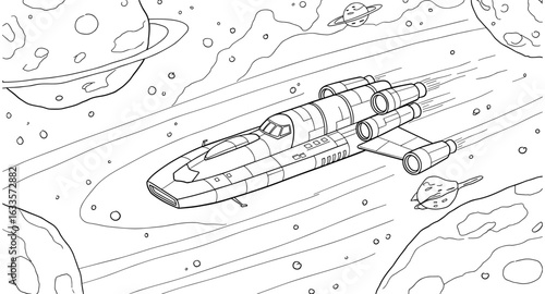 Futuristic spaceship in outer space with asteroids and planets in linear style