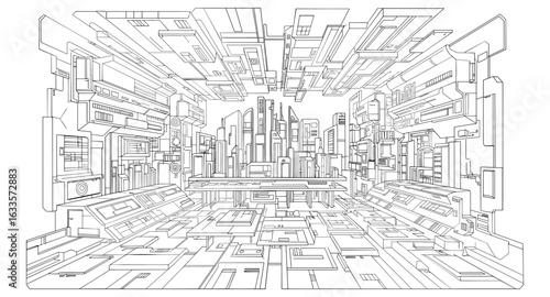 Futuristic cityscape architecture: intricate linear perspective design
