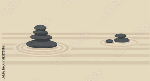 Simple Zen garden scene with stacked rocks and raked sand background
