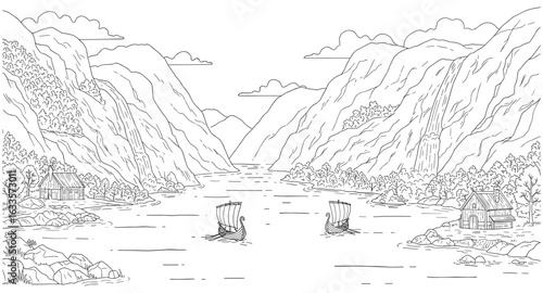 Serene fjord landscape with sailing ships in linear art style