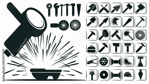 Illustration showing welding equipment with sparks and a collection of various hand tools and equipment icons silhouette