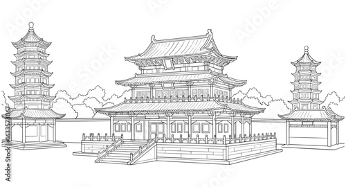 Traditional asian architecture line art with pagodas and temple