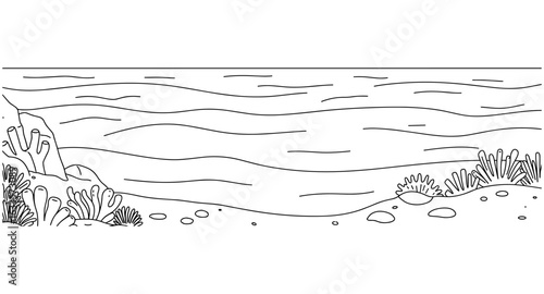Tranquil coastal scene with coral and waves in a linear black and white style