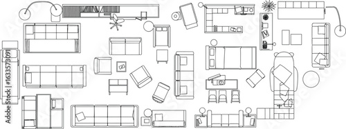 Extensive Top-View Furniture Outlines: Black and White Architectural Elements, Interior Design CAD Blocks, and Home Furnishings for Floor Plans