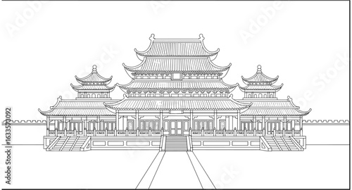 Traditional asian pagoda architecture in detailed linear style