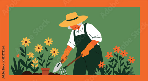 Gardener tends flowerbed, using rake and trowel against green