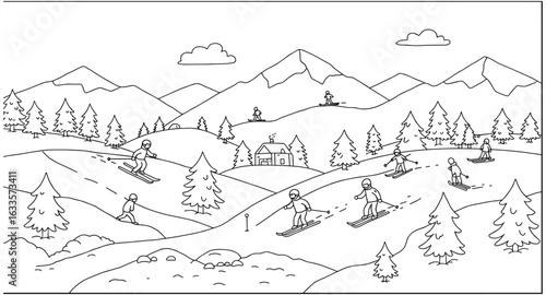 Winter adventure: outlined skiers in mountainous landscape scene