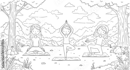Peaceful yoga practice in nature with kids in a forest setting