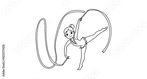 Little gymnast practicing rhythmic gymnastics with ribbon in black and white