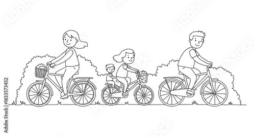 family riding bikes black and white clip art preview