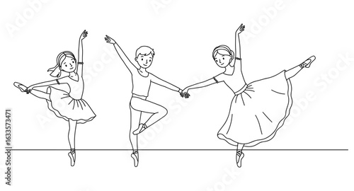 Charming line art of ballet trio in graceful dance poses