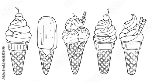 Playful ice cream cone line art collection for dessert lovers