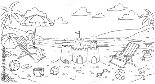 Child relaxing on beach with sandcastle and sun loungers in linear art style