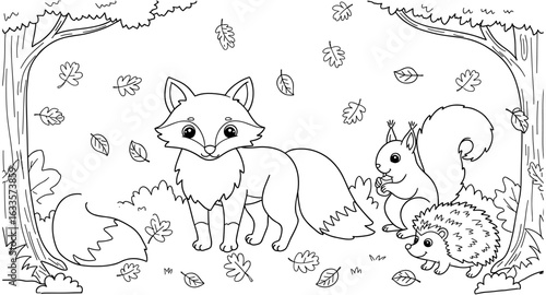 Cute woodland animals in a forest scene coloring page for kids