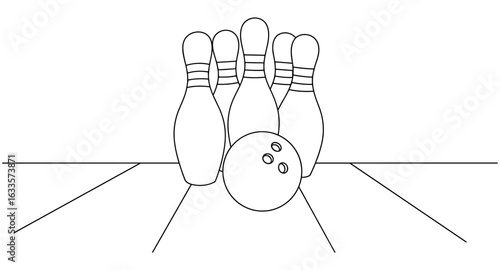 Minimalist black and white bowling scene with pins and ball