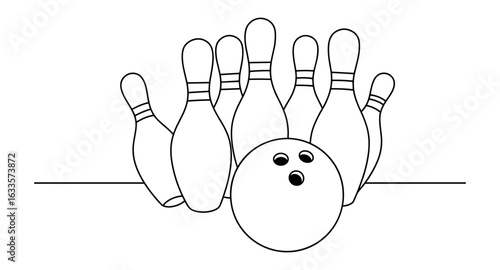 Line art of bowling ball striking pins with minimalist design
