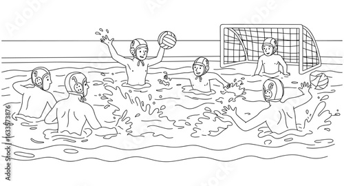 Linear drawing of a water polo match with players in action